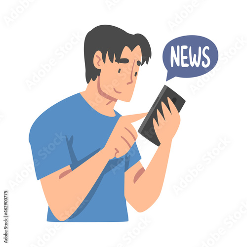 Man Character Gathering News Reading Article on Smartphone Vector Illustration