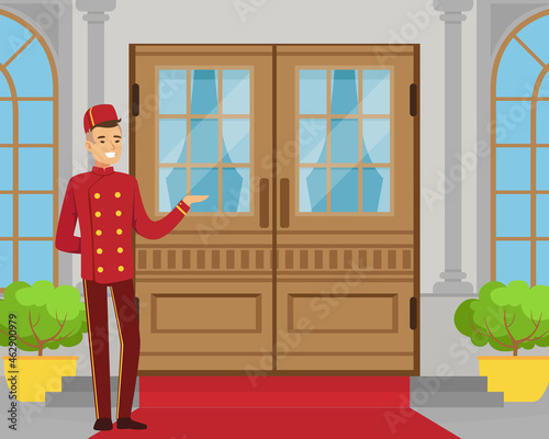 Man Porter or Doorman as Hotel Staff in Uniform Standing Near Entrance Accepting Visitors Vector Illustration