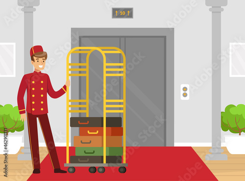 Man Porter or Doorman as Hotel Staff in Uniform Carrying Luggage Vector Illustration