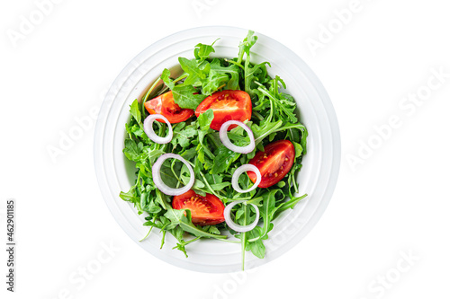 salad arugula, tomato, onion fresh vegetable plate meal snack on the table copy space food background 