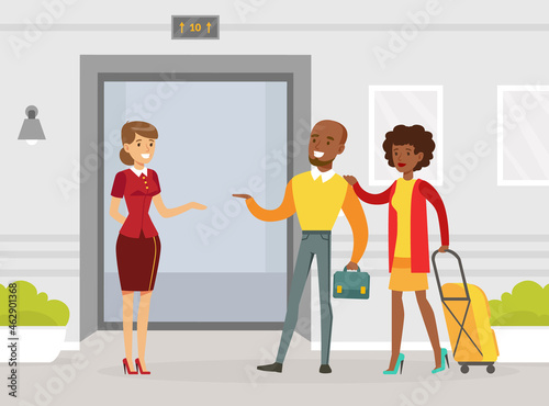 Woman Servant as Hotel Staff in Uniform Accepting Man and Woman Visitor Vector Illustration