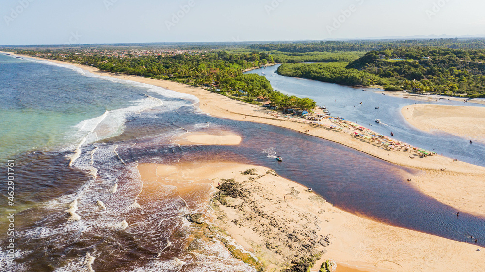 Caraíva, Porto Seguro, Bahia. Aerial view of Praia da Barra and mouth of the Rio Caraíva