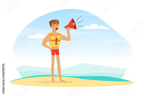 Young Man Lifeguard in Sea Vest Shouting in Megaphone Supervising Safety Vector Illustration