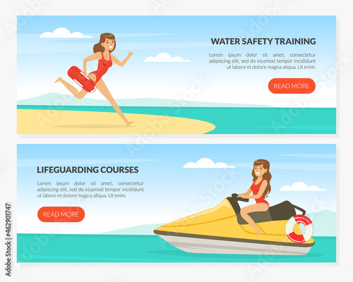 Young Woman Lifeguard on Water Scooter Supervising Safety Vector Web Page Template