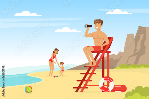 Young Man and Woman Lifeguard on Ladder with Binoculars Supervising Safety Vector Illustration