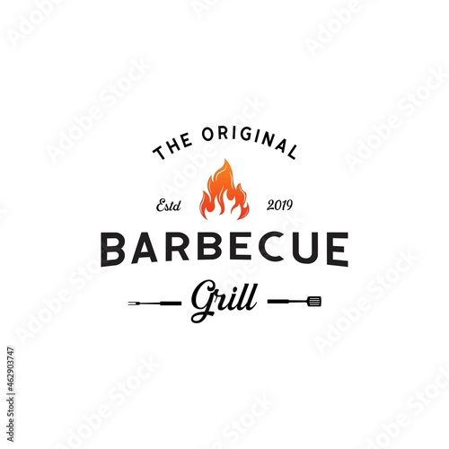 Vintage hipster Grill Barbeque invitation party barbecue bbq with crossed fork spatula and fire flame Logo design