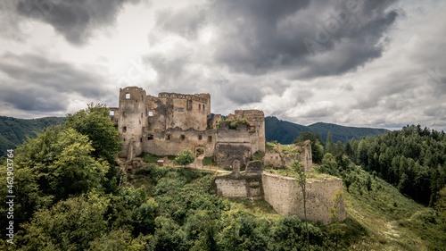 Aerial view of the castle in the village of Lietava in Slovakia