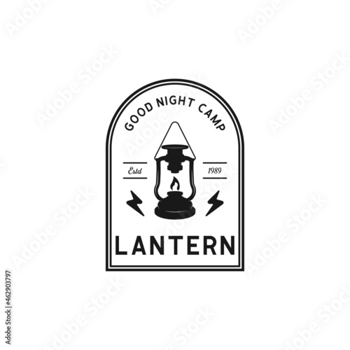 hand drawn camping logo with lantern Vintage emblem forest. Retro style camping camper explore. Outdoor adventure badge design. Travel and hipster mountain outdoor. Wilderness theme. Stock vector