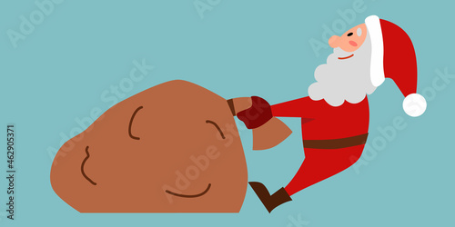 Santa Claus is dragging a heavy bag with gifts. Vector illustration in a flat style