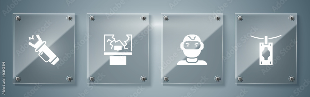 Set Money laundering, Thief mask, Broken window and Police electric shocker. Square glass panels. Vector Set Money laundering, Thief mask, Broken window and Police electric shocker. Square glass panels. Vector