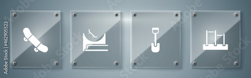 Set Horizontal bar, Shovel toy, Skate park and Skateboard trick. Square glass panels. Vector