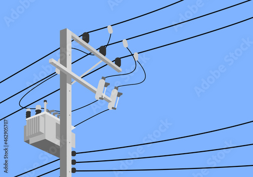 Cement high voltage electric pole with transformer and drop fuse on blue background flat vector design.