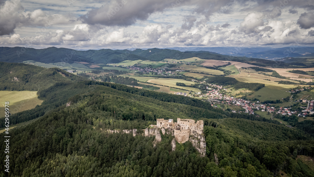 Fototapeta premium Aerial view of the castle in the village of Lietava in Slovakia