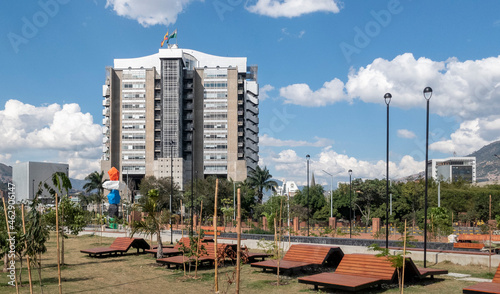 Medellin, Antioquia, Colombia. Juanuary 14, 2020: Parques del rio on a summer day and view of the smart building epm.