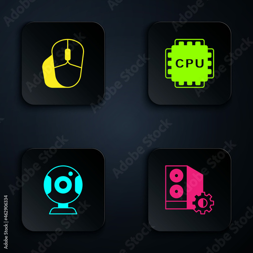 Set Case of computer, Computer mouse, Web camera and Processor with CPU. Black square button. Vector