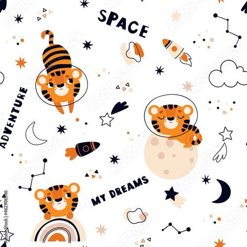 Seamless pattern with tigers in space. Stars and moon on the background.