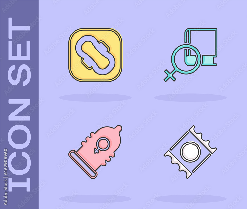 Set Condom in package, Sanitary napkin, and Book about women icon. Vector Set Condom in package, Sanitary napkin, and Book about women icon. Vector