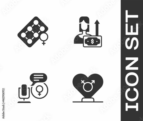 Set Gender, Packaging of birth control pills, Microphone and Money growth woman icon. Vector