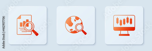 Set Search globe, Document with graph chart and Stocks market growth graphs. White square button. Vector