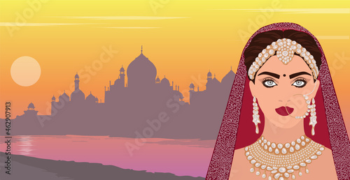 An Indian woman in a traditional saree.Panoramic view of the Taj Mahal during sunset.Vector illustration in a flat style