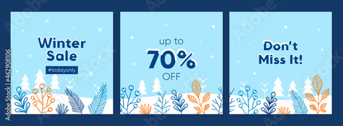 Flat design winter sale promotion square banner set. Social media post and feed template
