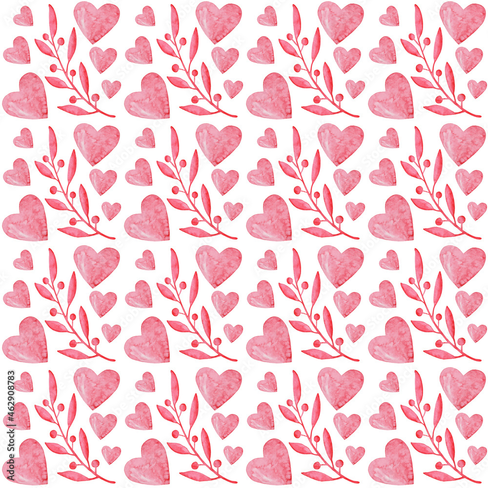 Watercolor big and smal hearts and leaves seamless pattern. Pink elements on white background.