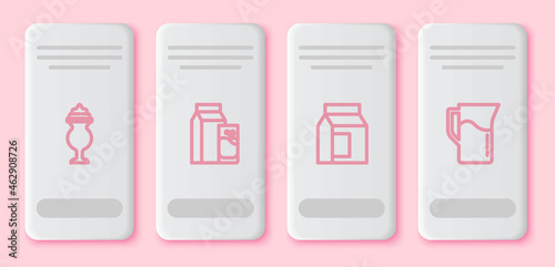 Set line Milkshake, Paper package for kefir, milk and jug pitcher. White rectangle button. Vector