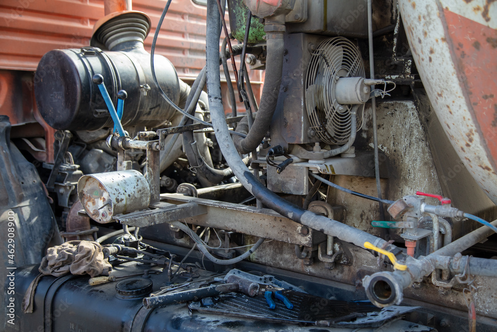Details of a disassembled engine in a truck