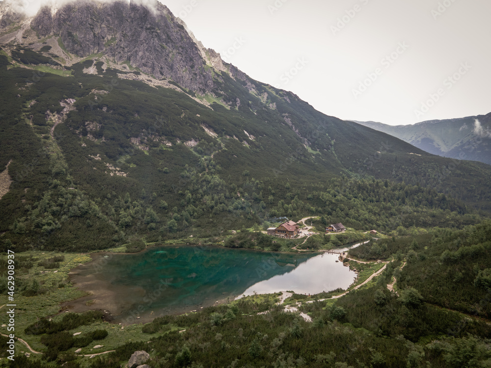 Aerial view of the lake Zelene pleso in the High Tatras in Slovakia