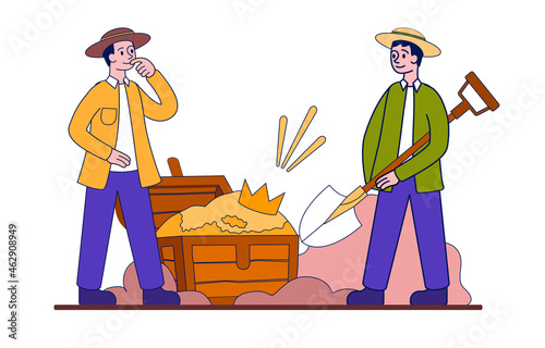 Archaeologists have found treasure. Two men found large chest with gold coins. Hidden pirate valuables, looted jewels, gold crown. Cartoon flat vector illustration isolated on white background