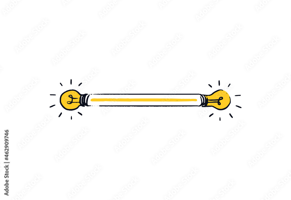 Light bulb loading bar. Two yellow doodle light bulbs at the ends of the download bar. Color concept loading from idea to implementation. Vector illustration isolated on white background. Light bulb loading bar. Two yellow doodle light bulbs at the ends of the download bar. Color concept loading from idea to implementation. Vector illustration isolated on white background.