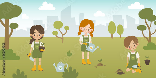 Cartoon kids plant trees in city park poster. Young volunteer children help to restore the forest.