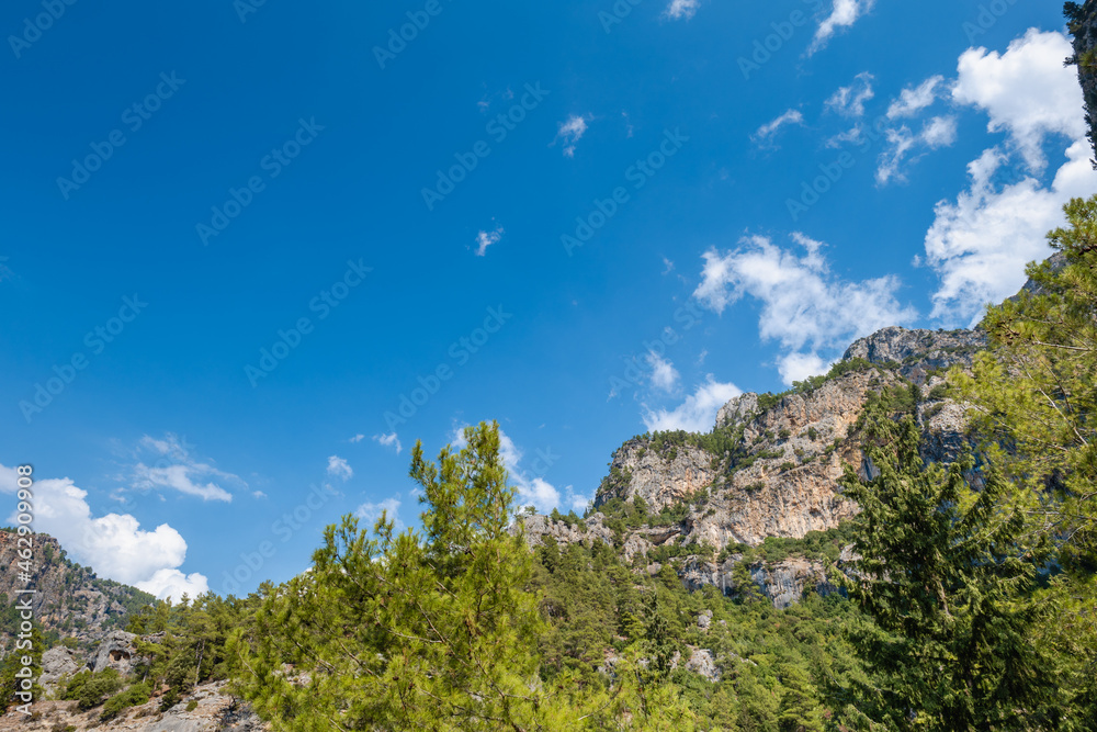 Turkey mountain landscape photo, mediterranean Turkish coast area near Fethiye, taken on Lycian way hiking route. Nature, outdoor, hiking and trekking concept image