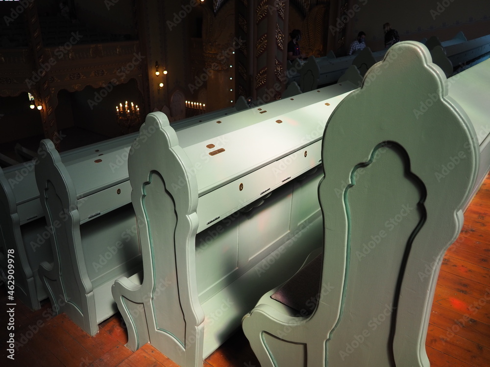 Subotica, Serbia, September 12, 2021 Benches, rows, seats and chairs in