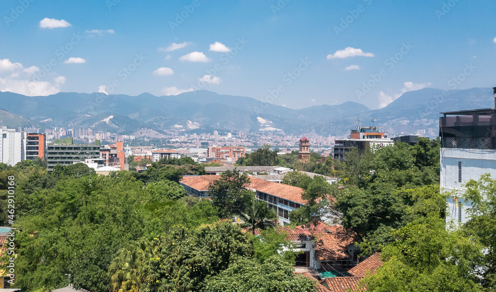 Urban landscape with buildings and blue sky in El Poblado. Medellin, Antioquia, Colombia. 