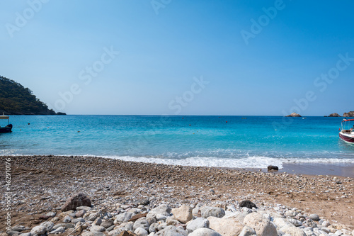 Beach in Turkey   summer sandy beach sea view on Kabak beach near Fethiye in Turkey   Mediterranean sea. 