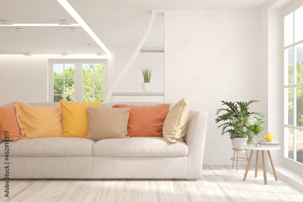Fototapeta premium Minimalist living room in white color with sofa and summer landscape in window. Scandinavian interior design. 3D illustration