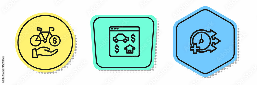 Set line Bicycle rental mobile app, Online real estate and Clock. Colored shapes. Vector