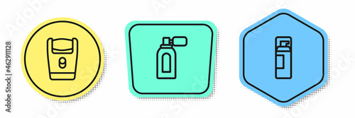 Set line Electric razor blade, Aftershave with atomizer and Shaving gel foam. Colored shapes. Vector