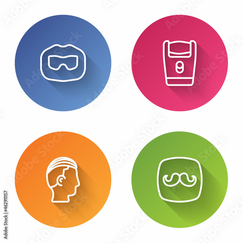Set line Mustache and beard, Electric razor blade, Hairstyle for men and Barbershop. Color circle button. Vector