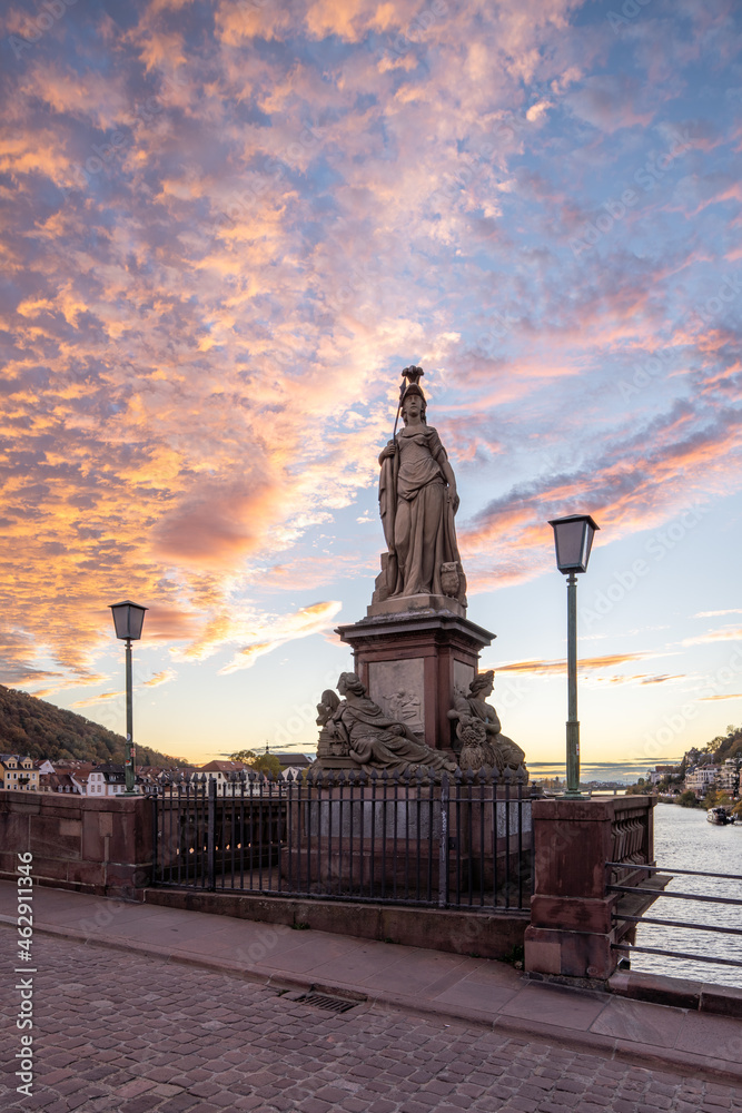Fototapeta premium Minerva statue (Pallas Athene) on the Alte Brücke (Old Bridge) Heidelberg, Germany