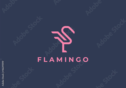 simple flamingo with sun line outline logo design vector