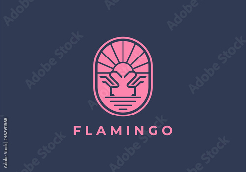 simple flamingo with sun logo design vector
