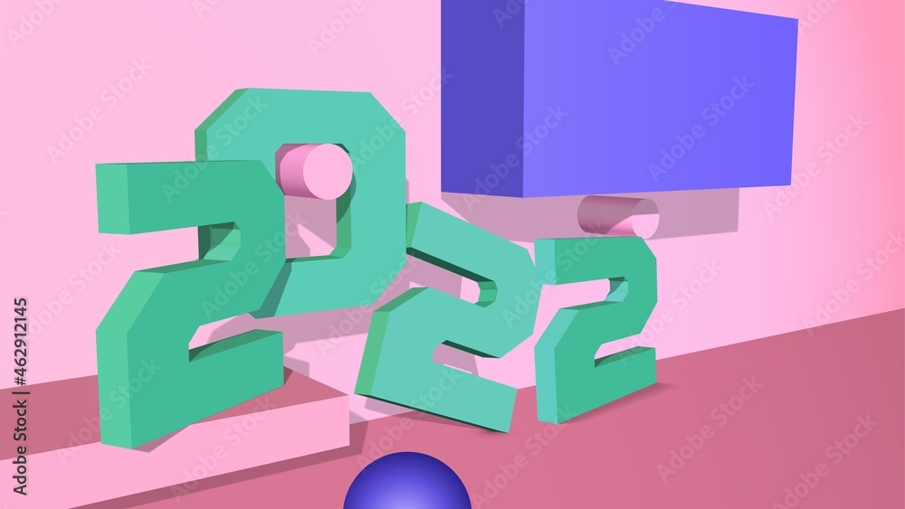 3D vector 2022 New Years typography with pink and green shapes on the abstract background and number signs. 3D vector 2022 New Years typography with pink and green shapes on the abstract background and number signs.