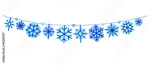 Beautiful winter snowflakes hanging on a string. Garland for New year and xmas holiday. Winter snow banner in flat style, isolated on a white background. Vector garland with cute blue snowflakes. 