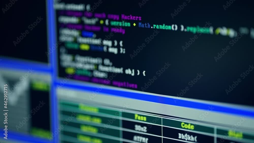 Close up of monitor screen with developing programming and coding technologies. Programmer or hacker is typing code on keyboard. Concept of bitcoin btc mining and development in virtual cyber space Close up of monitor screen with developing programming and coding technologies. Programmer or hacker is typing code on keyboard. Concept of bitcoin btc mining and development in virtual cyber space