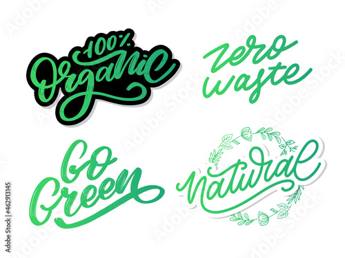 Go Green label, trendy brush lettering, inspirational phrase. Vegetarian concept. Vector calligraphy for vegan shop, cafe, restaurant menu, badges, stickers, banners, logos. Modern typography