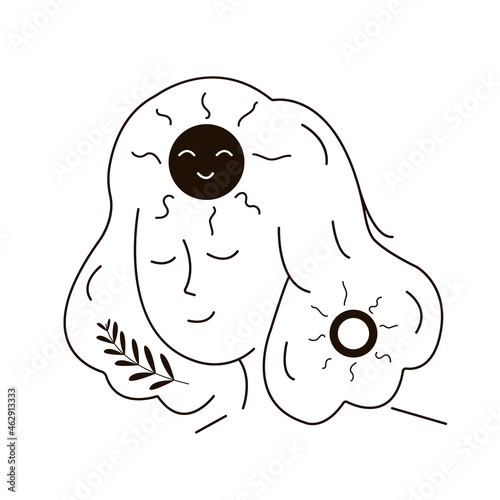 Happy woman with good mood and positive thoughts in head. Improving personal mental and physical health. Wellness and happiness concept. Line art and doodle