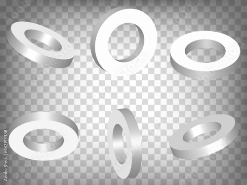 Set of perspective projections 3d hollow cylinder model icons on transparent background.  3d  hollow cylinder.  Abstract concept of graphic elements for your web site design, app, UI. EPS 10