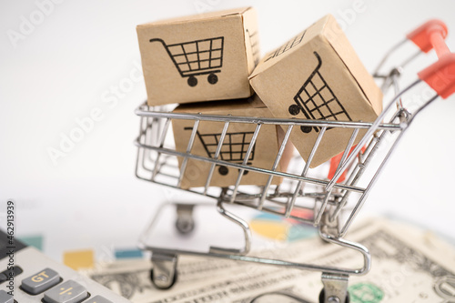 Shopping cart logo on box with graph background. Banking Account, Investment Analytic research data economy, trading, Business import export transportation online company concept.